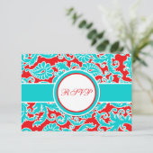 Aqua Blue, Red, White Damask RSVP Card (Standing Front)