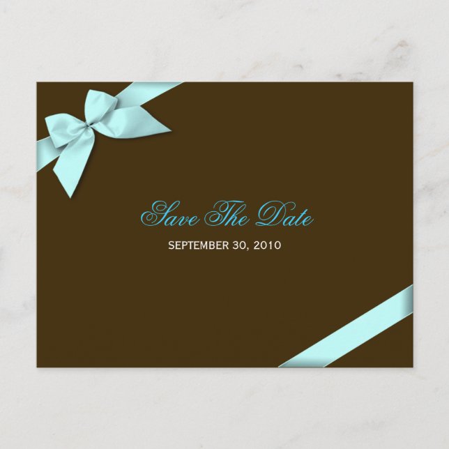 Aqua Blue Ribbon Save the Date Announcement Postcard (Front)