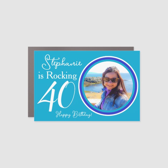 Aqua Blue Rocking 40 Birthday Photo Car Magnet (Front)