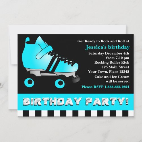 Aqua Blue Roller Skate Birthday Party Custom Invitations