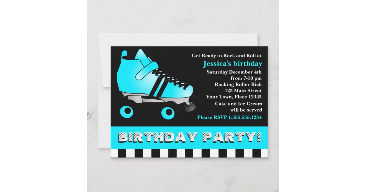 Aqua Blue Roller Skate Birthday Party Invitation | Zazzle