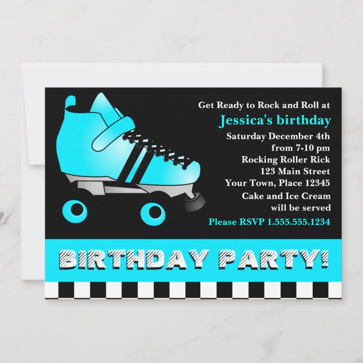 Aqua Blue Roller Skate Birthday Party Invitation | Zazzle