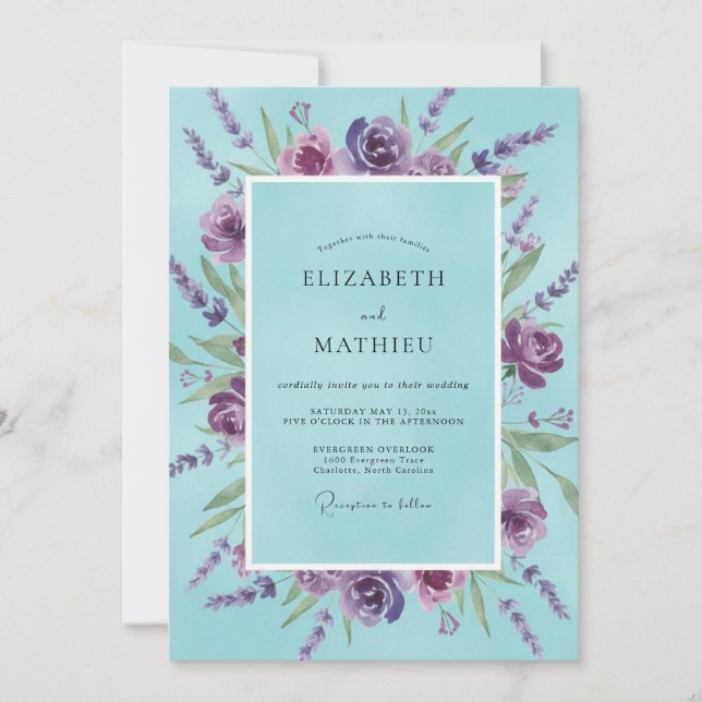 Aqua Blue Romantic Lavender Wedding Invitation (Front)