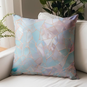 Aqua Blue Rose Gold Faux Stained Glass Throw Pillow