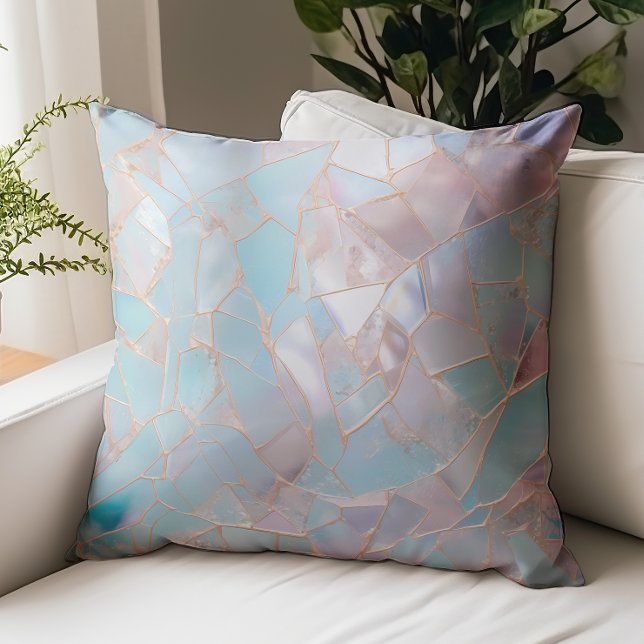 Aqua Blue Rose Gold Faux Stained Glass Throw Pillow (Creator Uploaded)