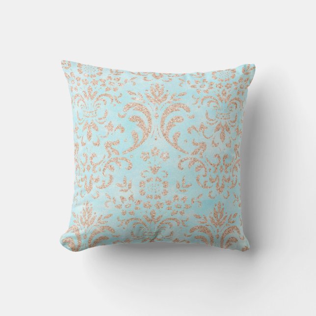 Aqua Blue Rose Gold Pattern Cushion (Front)