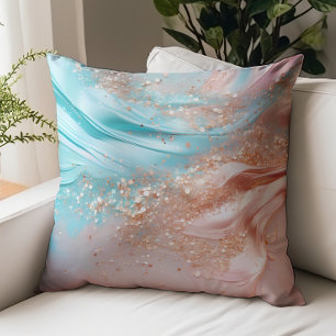 Aqua Blue Rose Gold Texture Confetti Throw Pillow