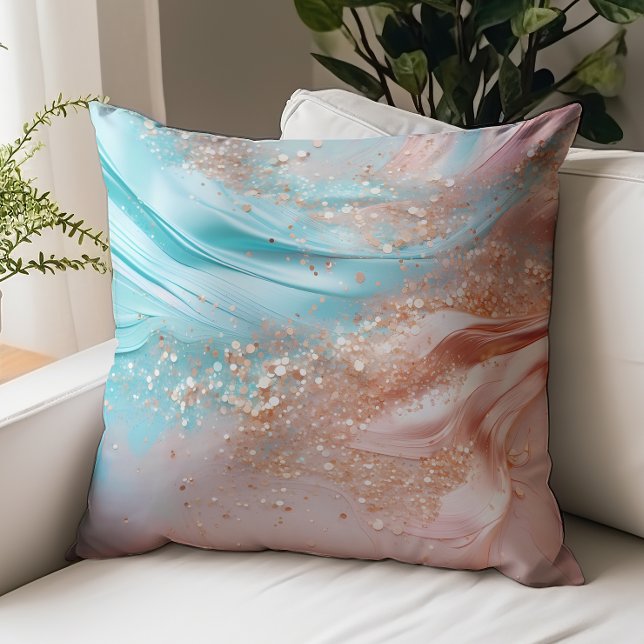 Aqua Blue Rose Gold Texture Confetti Throw Pillow (Creator Uploaded)