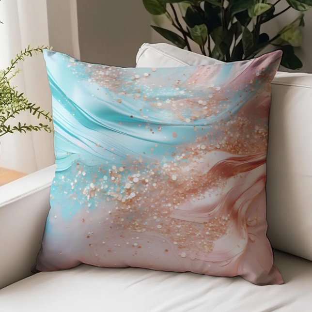 Aqua Blue Rose Gold Texture Confetti Throw Pillow (Creator Uploaded)