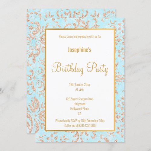 AQUA BLUE ROSE GOLD WHITE CUSTOM FILIGREE INVITATION