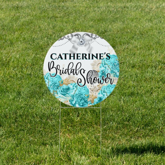 Aqua blue rose shabby chic silver glitter sign (Insitu)