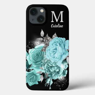 Aqua Blue Rose Silver Sparkle Bouquet Monogram iPhone 13 Case