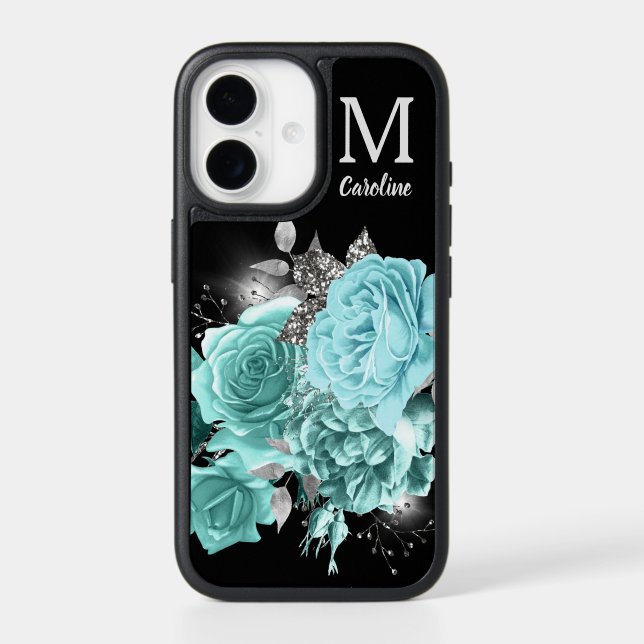 Aqua Blue Rose Silver Sparkle Bouquet Monogram Otterbox iPhone Case (Back)