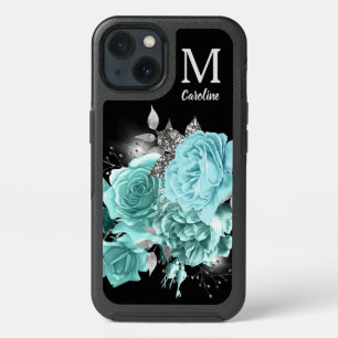 Aqua Blue Rose Silver Sparkle Bouquet Monogram iPhone 13 Case