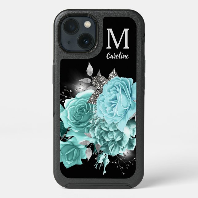 Aqua Blue Rose Silver Sparkle Bouquet Monogram Otterbox iPhone Case (Back)