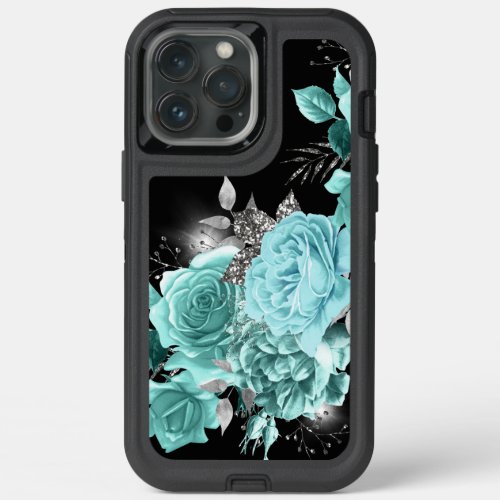 Aqua Blue Rose Silver Sparkle Bouquet iPhone 13 Pro Max Case