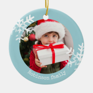 Aqua Blue Rustic Circle Photo Ornament Snowflakes