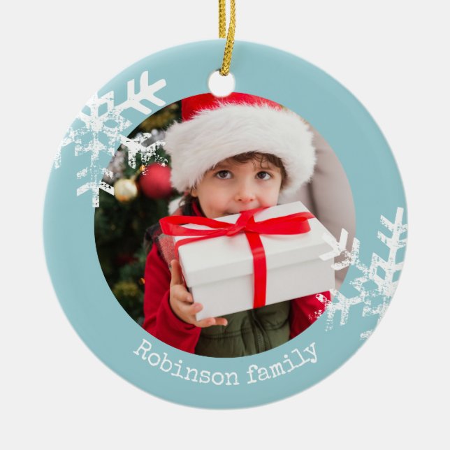 Aqua Blue Rustic Circle Photo Ornament Snowflakes (Front)