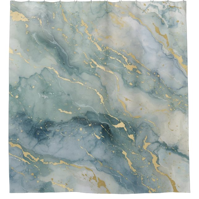 Aqua Blue Sage Green Gold Abstract Print Shower Curtain (Front)