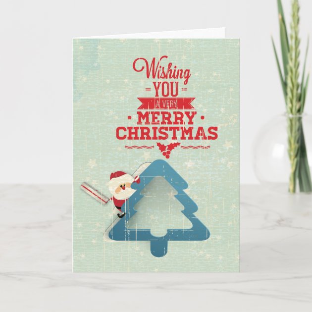 Aqua Blue Santa Claus Christmas Tree Holiday Invitation