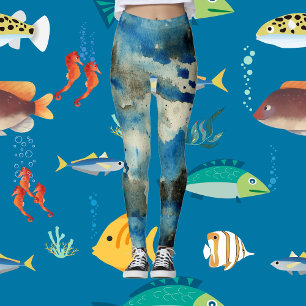 Aqua Blue Sea Abstract Art Modern Chic Watercolour Leggings