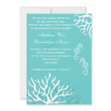 Aqua Blue Sea Coral Seahorse Wedding Invitations