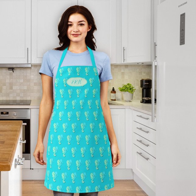 Aqua Blue Seahorses Pattern Monogrammed Chefs Apron (Creator Uploaded)
