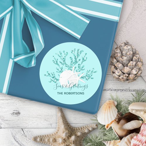 Aqua Blue Seas and Greetings Christmas  Classic Round Sticker