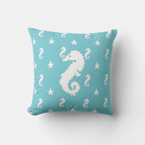 Aqua Blue Seashell and Seahorses Pillow