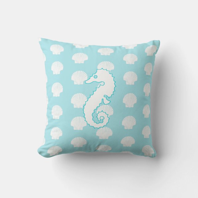 Aqua Blue Seashell and Seahorses Pillow (Front)