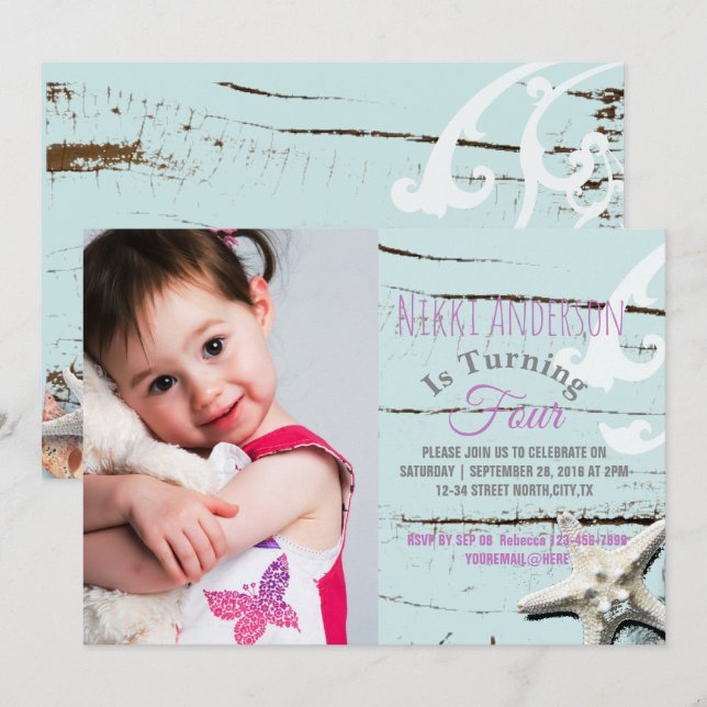 aqua blue seashell beach photo Birthday party Invitation (Front/Back)