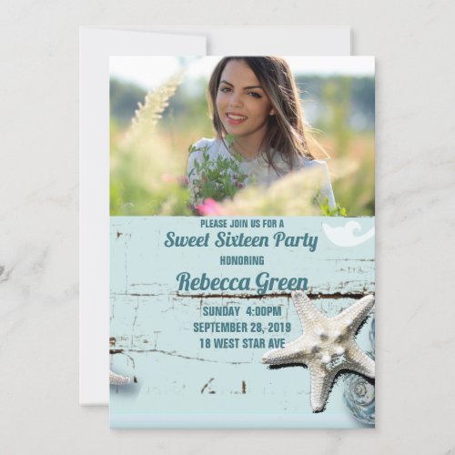 aqua blue seashell beach Sweet sixteen party Invitation