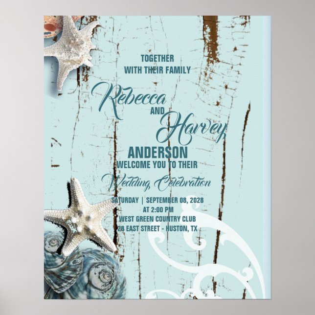 aqua blue seashell beach wedding welcome poster (Front)