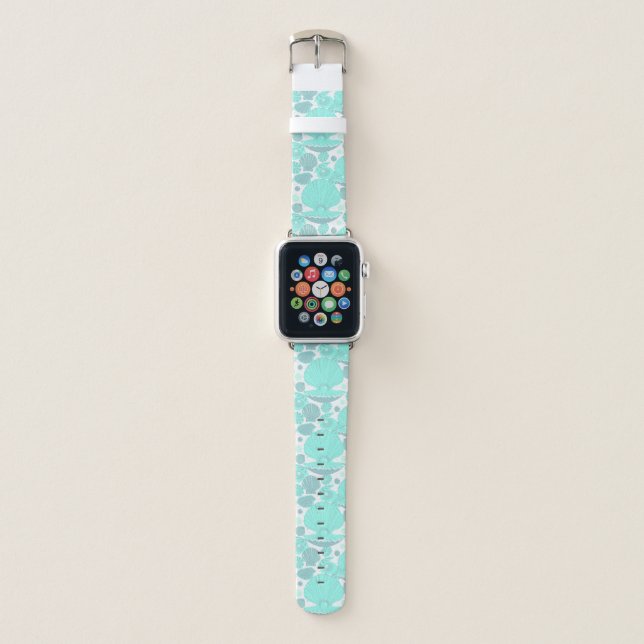 Aqua Blue Seashell Pattern. Oyster Shells Ocean Apple Watch Band (Front)