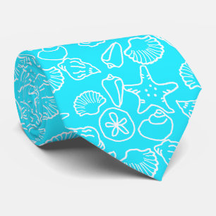 Aqua Blue Seashell Pattern Tropical Groom Neck Tie