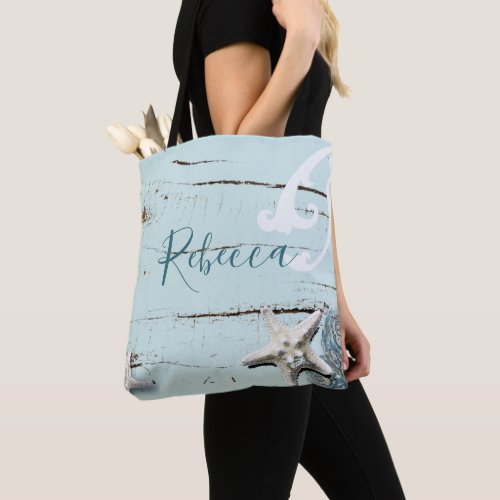 aqua blue seashell starfish beach bridesmaid tote bag