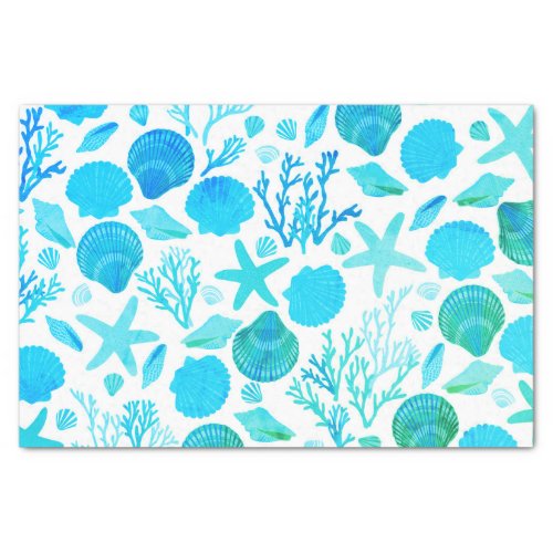 Aqua Blue Seashells and Coral Pattern Gift Tissue Paper