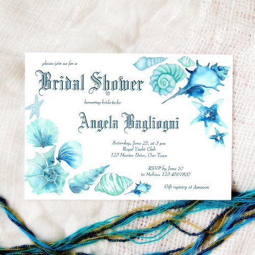 Aqua blue seashells nautical marine bridal shower  invitation