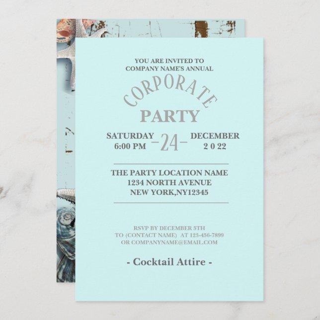 aqua blue seashells tropical beach Corporate Party Invitation (Front/Back)