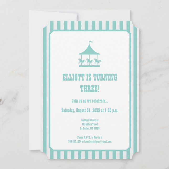 Aqua Blue Seersucker Carousel Invitation (Front)