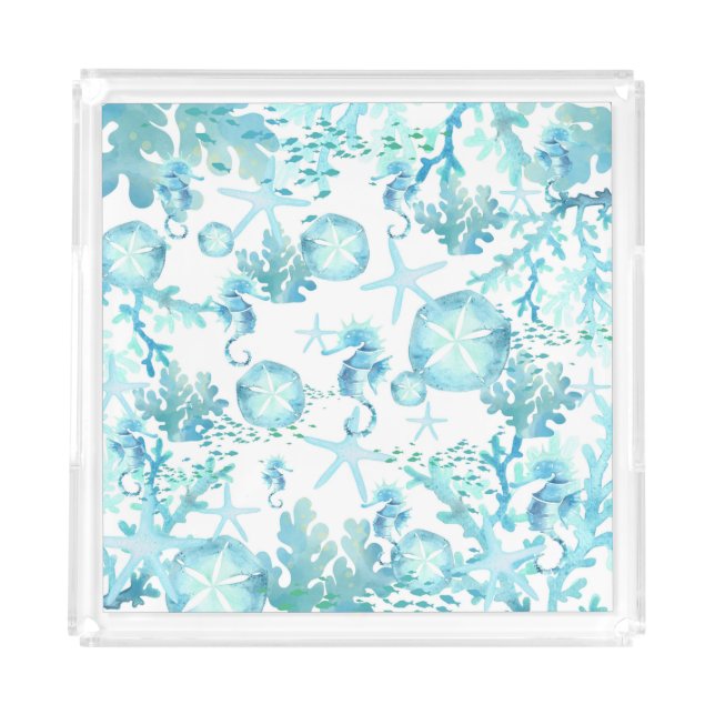 Aqua Blue Shells Seahorse Sanddollars Starfish Acrylic Tray (Front)