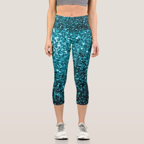 Aqua blue shiny faux glitter sparkles capri leggings