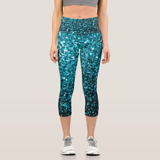 Aqua blue shiny faux glitter sparkles capri leggings (Front)