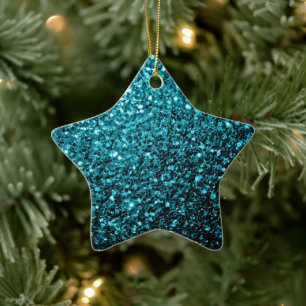 Aqua blue shiny faux glitter sparkles ceramic ornament