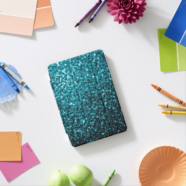 Aqua blue shiny faux glitter sparkles iPad mini cover (In Situ)
