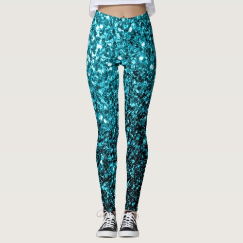 Aqua blue shiny faux glitter sparkles leggings