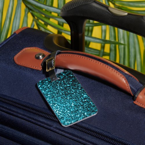 Aqua blue shiny faux glitter sparkles luggage tag