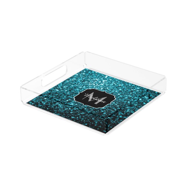 Aqua blue shiny faux glitter sparkles Monogram Acrylic Tray (Angled)
