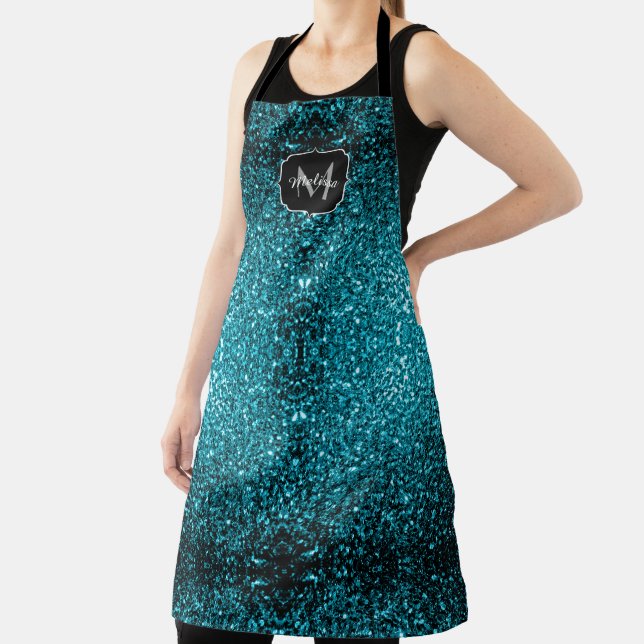 Aqua blue shiny faux glitter sparkles Monogram Apron (Insitu)