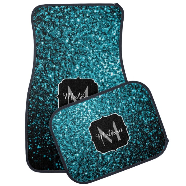 Aqua blue shiny faux glitter sparkles Monogram Car Mat (Set)